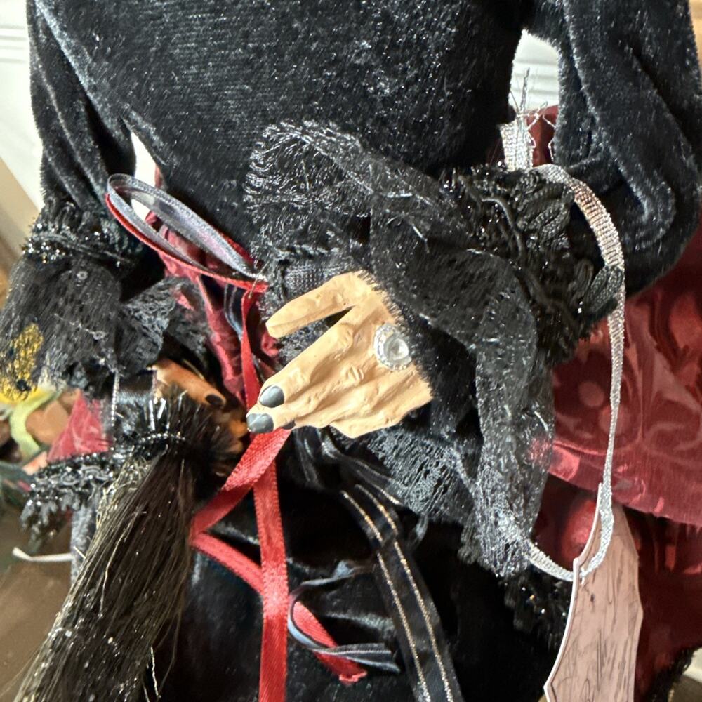 Bella Lux Halloween Witch Doll 25” Burgundy Black Broom Large Decor - Picture 8 of 11